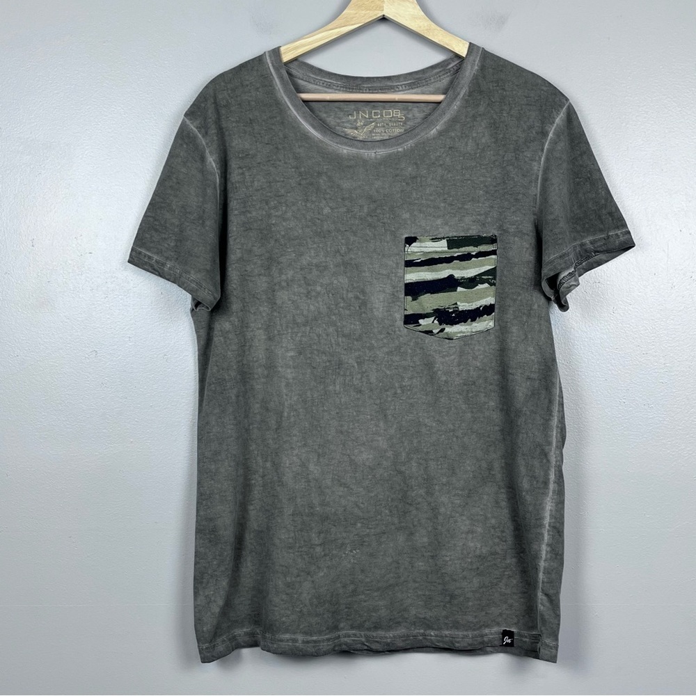 Jnco 85 Women's Crew Neck Short Sleeve Acid Wash Camo Pocket Tee Shirt Size L